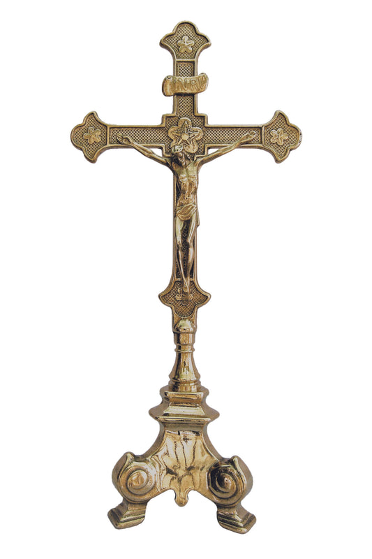 306-LDS Double Sided Standing Crucifix in Shiny Brass 13"