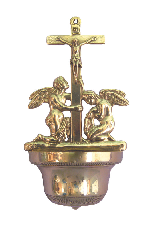 B-313-L Crucifixion Font with Angels in Shiny Brass 12.25"
