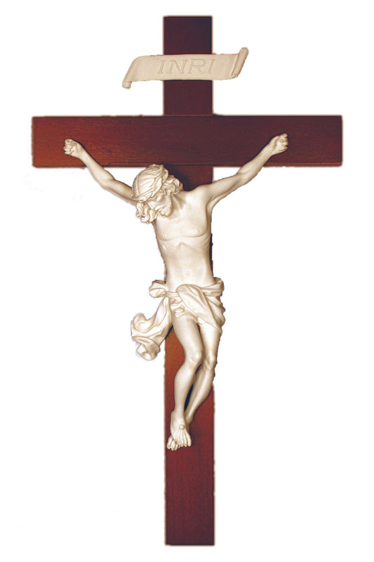 MA-660-W Crucifix in White Alabaster on a Wood Cross 14"