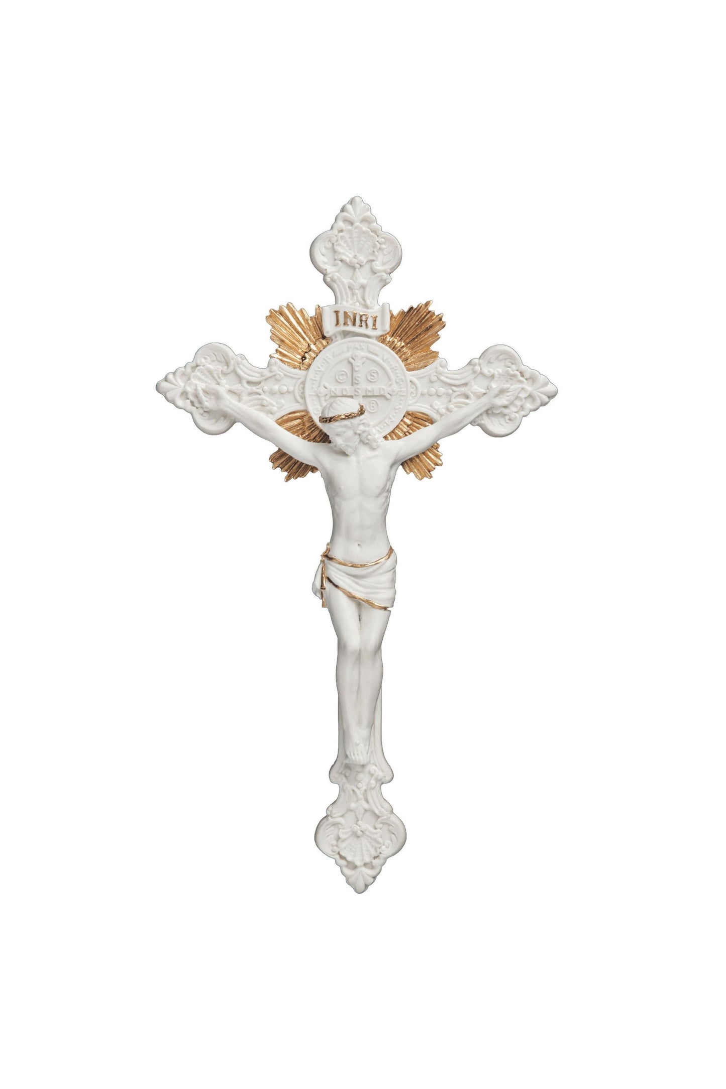 SR-76719-WG St. Benedict Crucifix in White/Hand Painted Features 7.75"