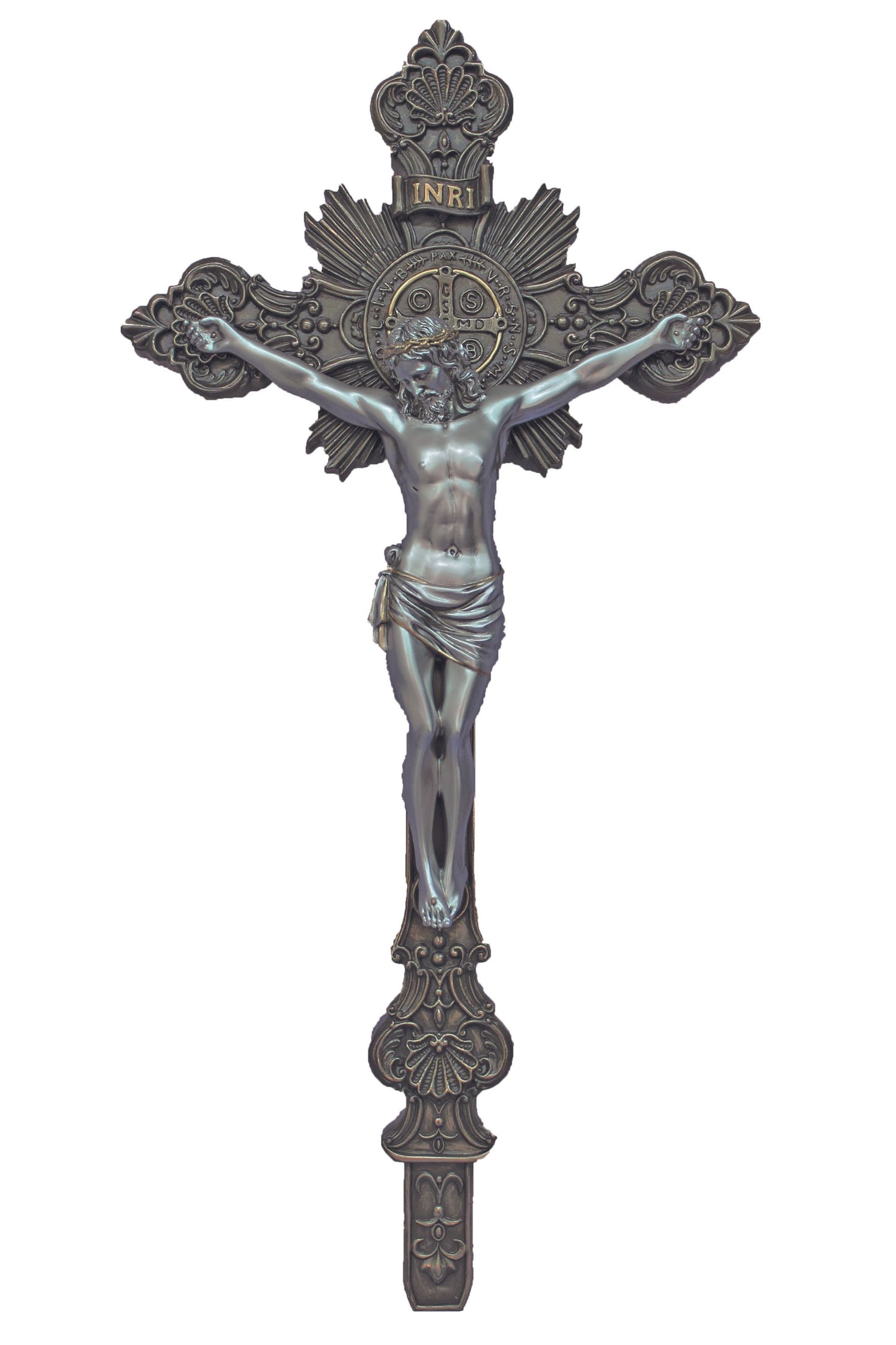 SR-77286-BS Standing/Hanging St. Benedict Crucifix Cold Cast Bronze/Pewter Style 24"/22"