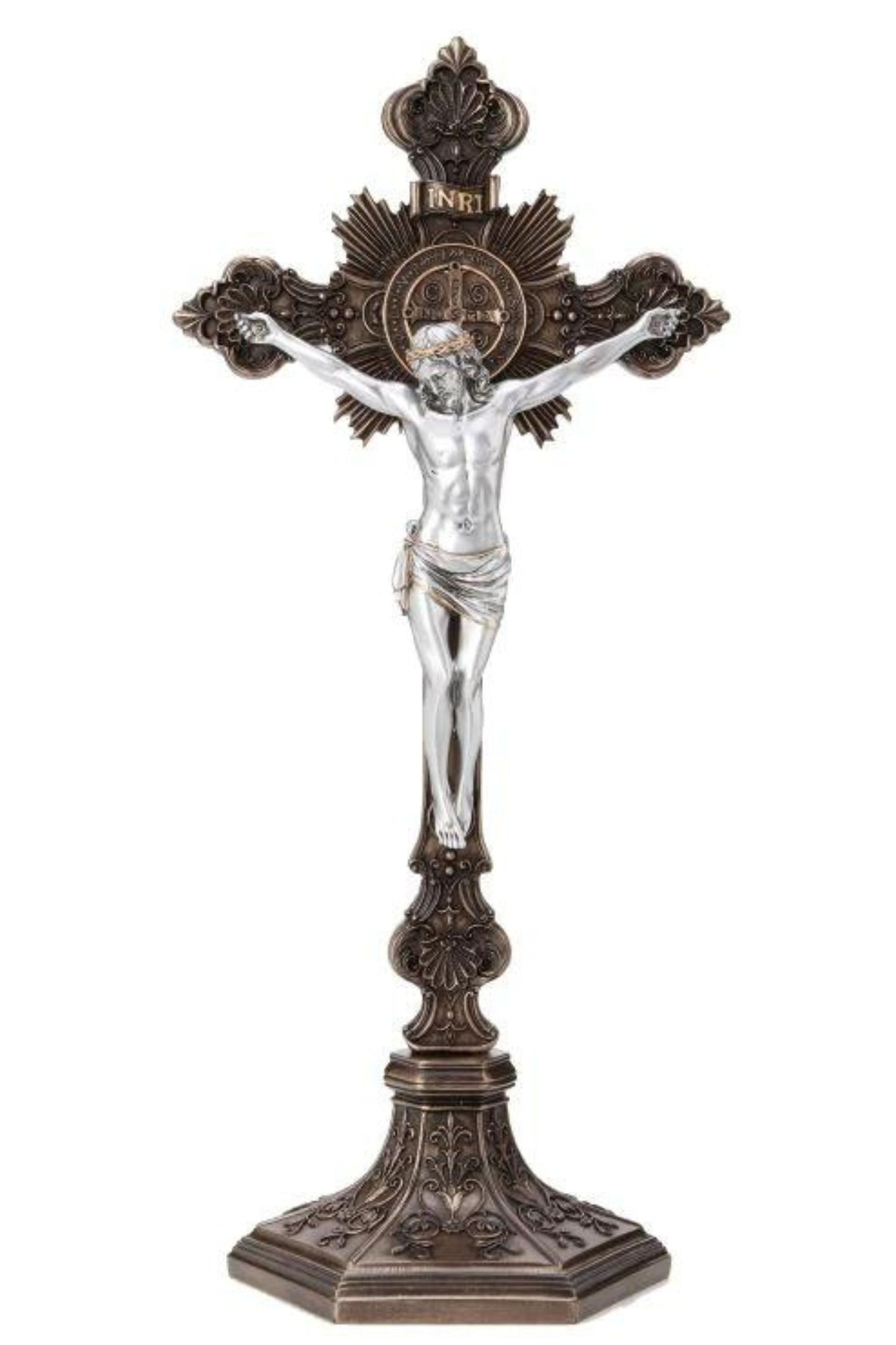 SR-77591-BS Standing St. Benedict Crucifix Cold Cast Bronze/Pewter Style 17"/15.5"