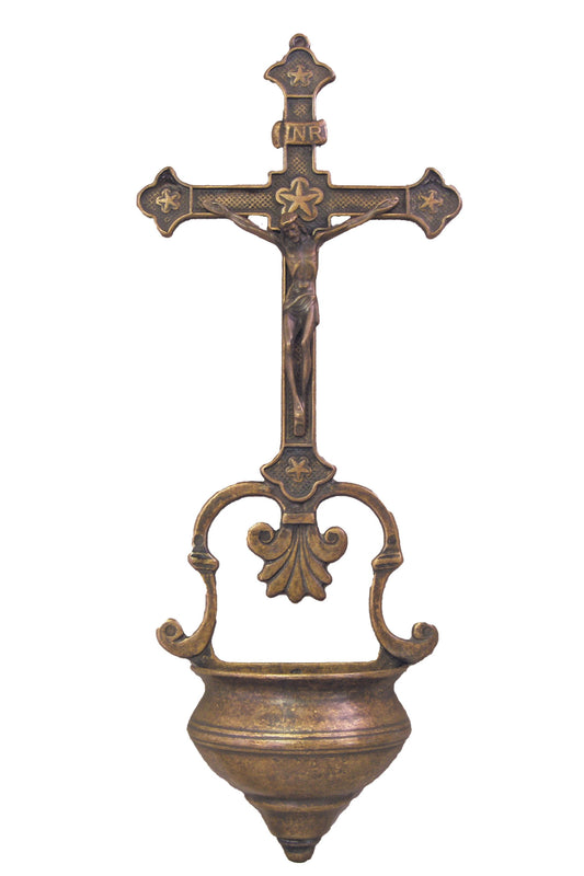 130299-M Crucifixion Font in Antique Brass 14"