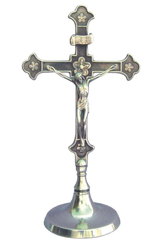 140307 Standing Crucifix in Silver Plated Brass 11"