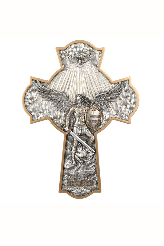 SR-78308-PE St. Michael Crucifixion Plaque Pewter Style Finish 16"