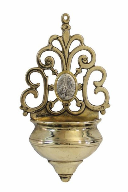 300-L-37L Holy Water Font with Pewter Style/Gold Our Lady of Lourdes Medal 7.75"