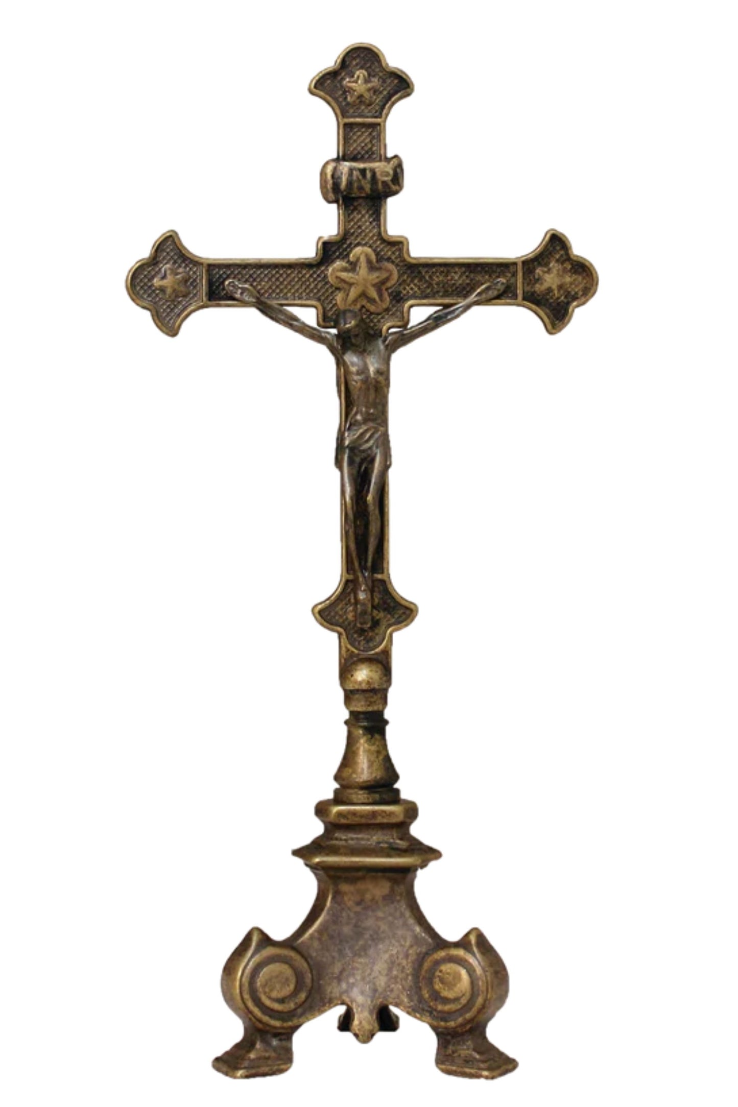 306-ADS Double Sided Standing Crucifix in Antique Brass 13"