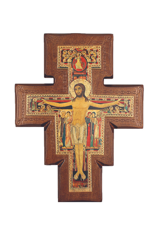 ALPG-546 San Damian Cross on Walnut Stained Boarder 1" thick, 7" tall