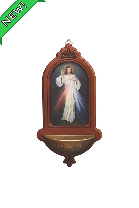 AL-29-DM Divine Mercy Wood Holy Water Font 5.5x10"
