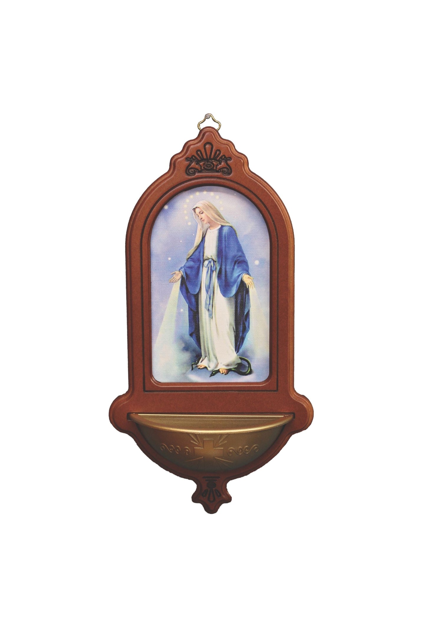 AL-29-LOG Lady of Grace Wood Holy Water Font 5.5x10"