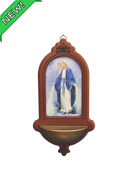 AL-29-LOG Lady of Grace Wood Holy Water Font 5.5x10"
