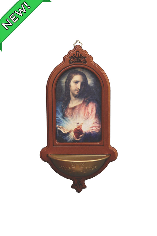 AL-29-SHJ Sacred Heart of Jesus Wood Holy Water Font 5.5x10"
