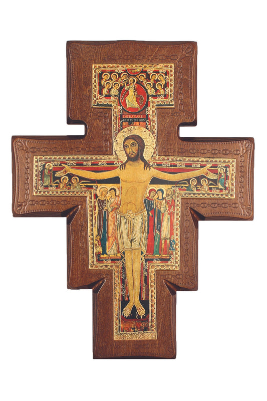 ALPG-548 San Damian Cross on Walnut Stained Boarder 11.5"