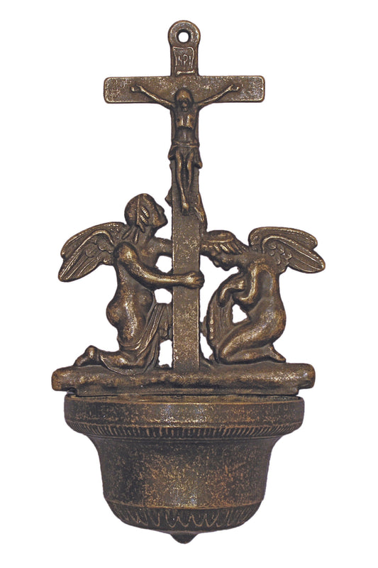 B-313-A Crucifixion Font with Angels in Antique Brass 12.25"