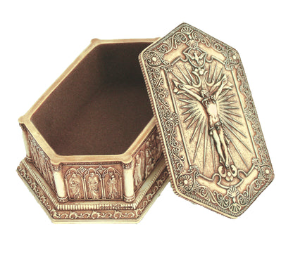 B-75004, Crucifixion keepsake box in antique finish, 3.25x5.25x2"