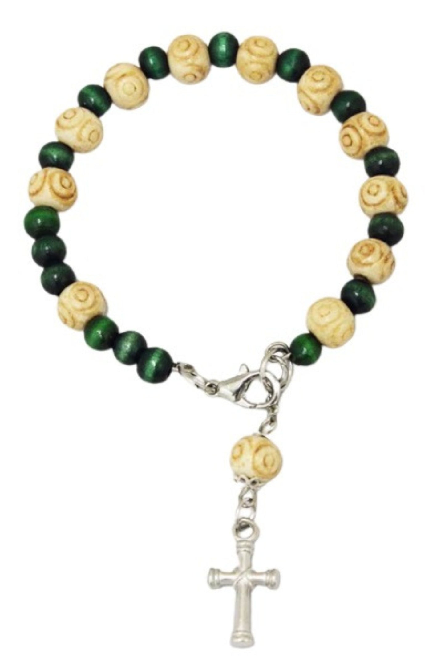 GV60627 Cross Bracelet, Green & Natural Beads