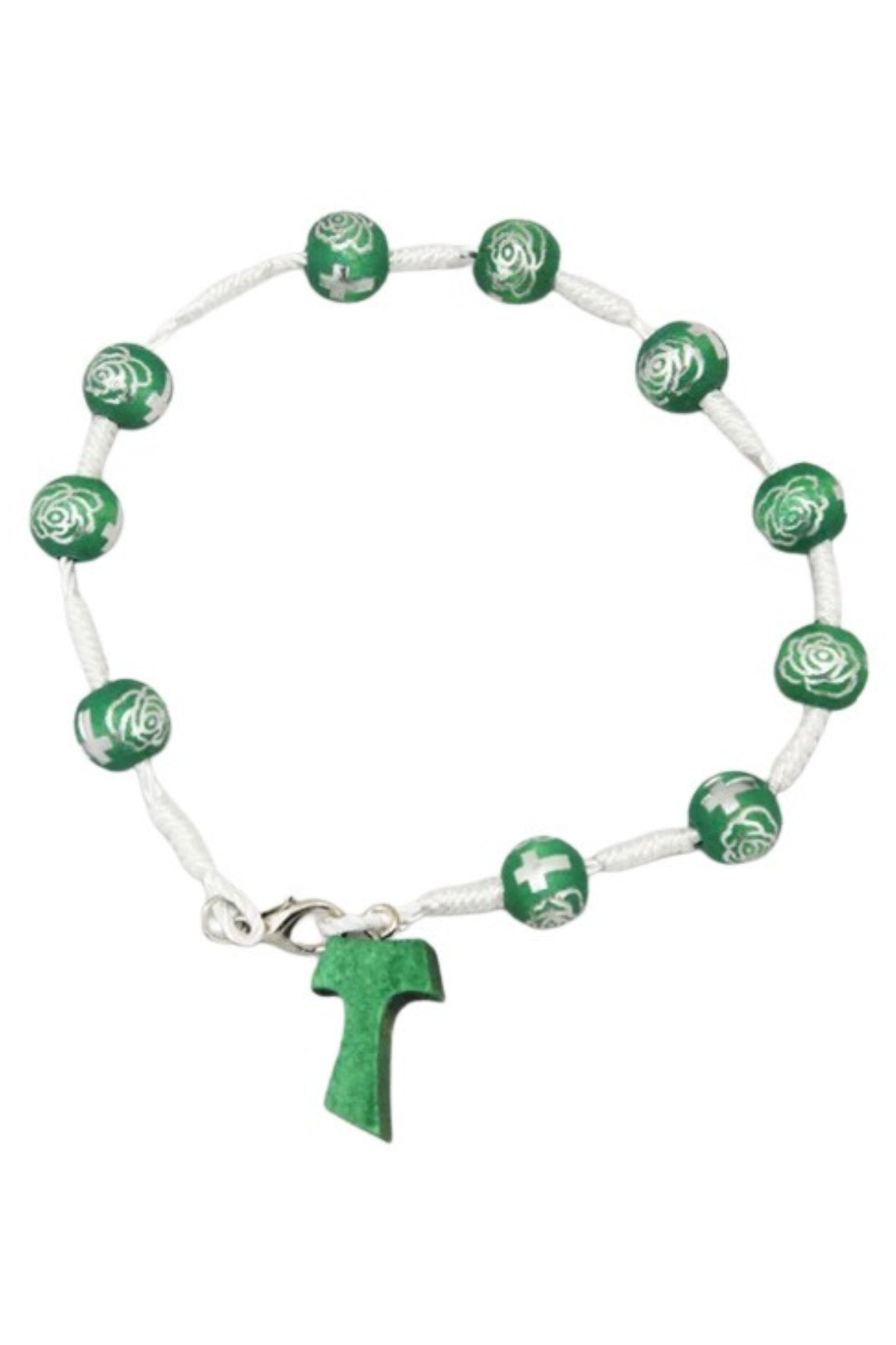 GV61193-2 Tau Bracelet, Green Wood Beads & Cross