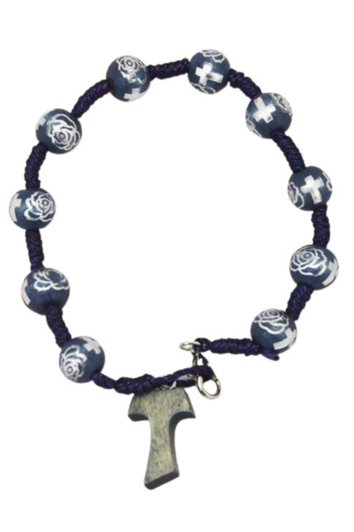GV61193-3 Tau Bracelet, Blue Wood Beads & Cross