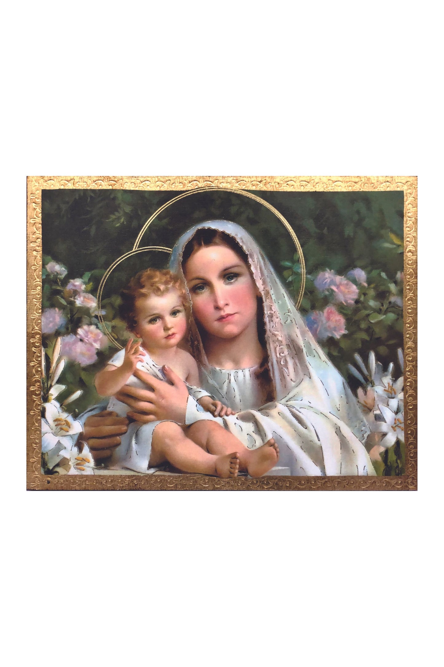 L-148-285 Madonna & Child with Lilies Florentine Plaque by Simeone 8x10"