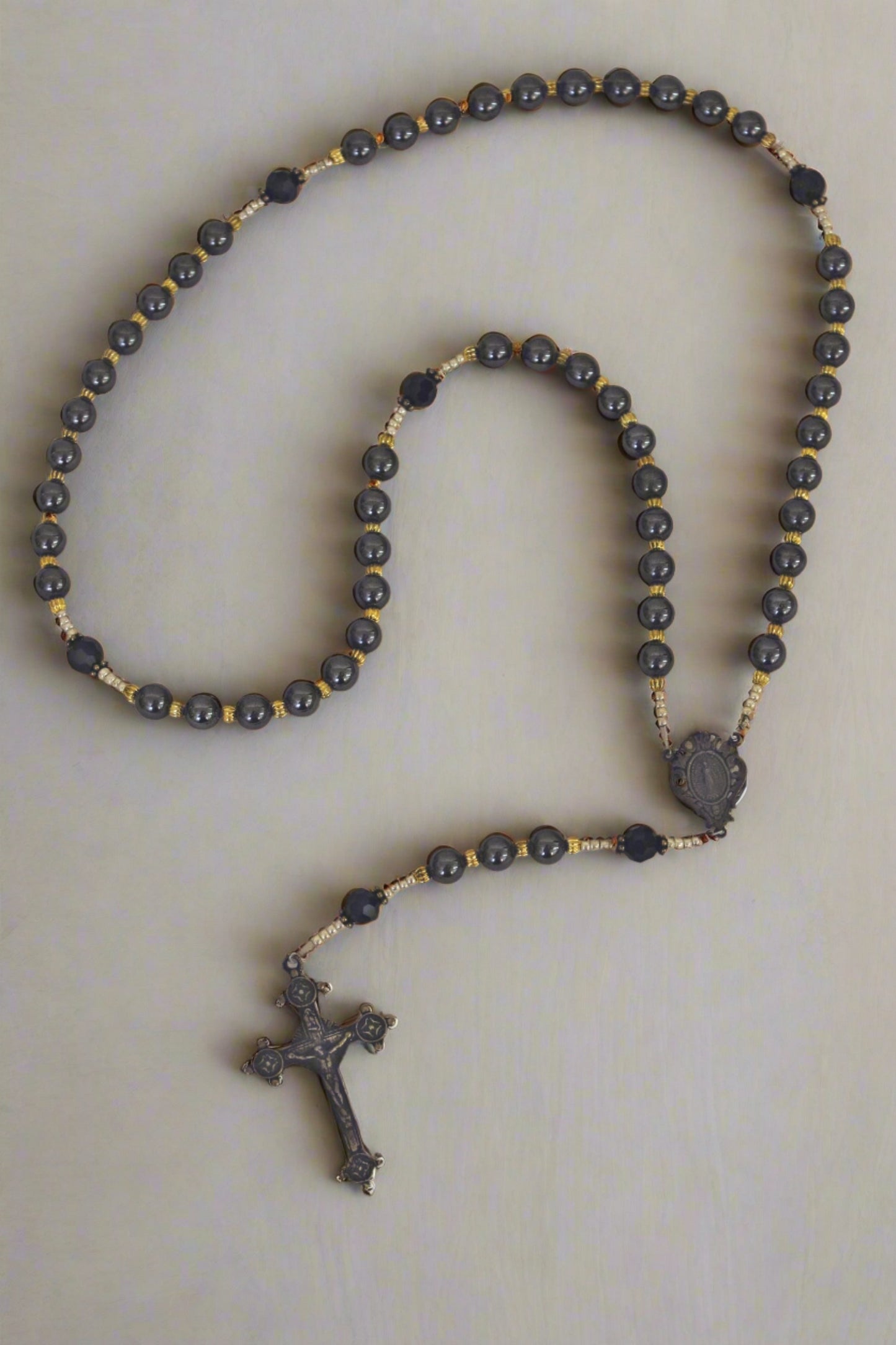 LFC-MMHR Miraculous Medal Antique Bronze/Hematite Rosary 19"