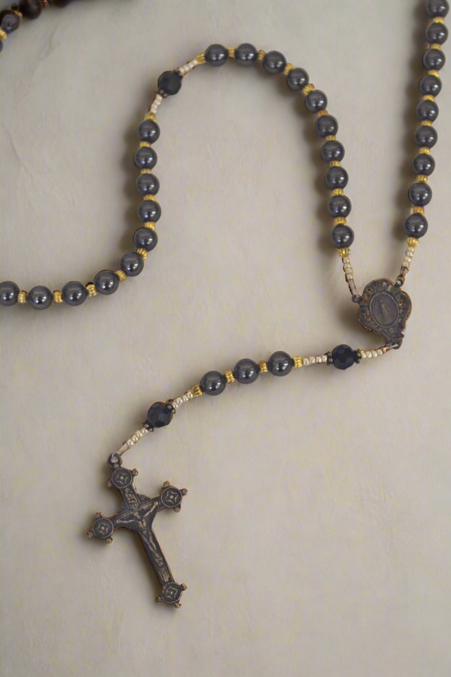 LFC-MMHR Miraculous Medal Antique Bronze/Hematite Rosary 19"