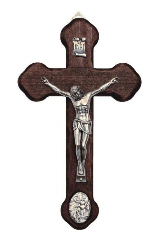 MC-GA Wood Crucifix with Metal Corpus & Guardian Angel Medallion 8.75"