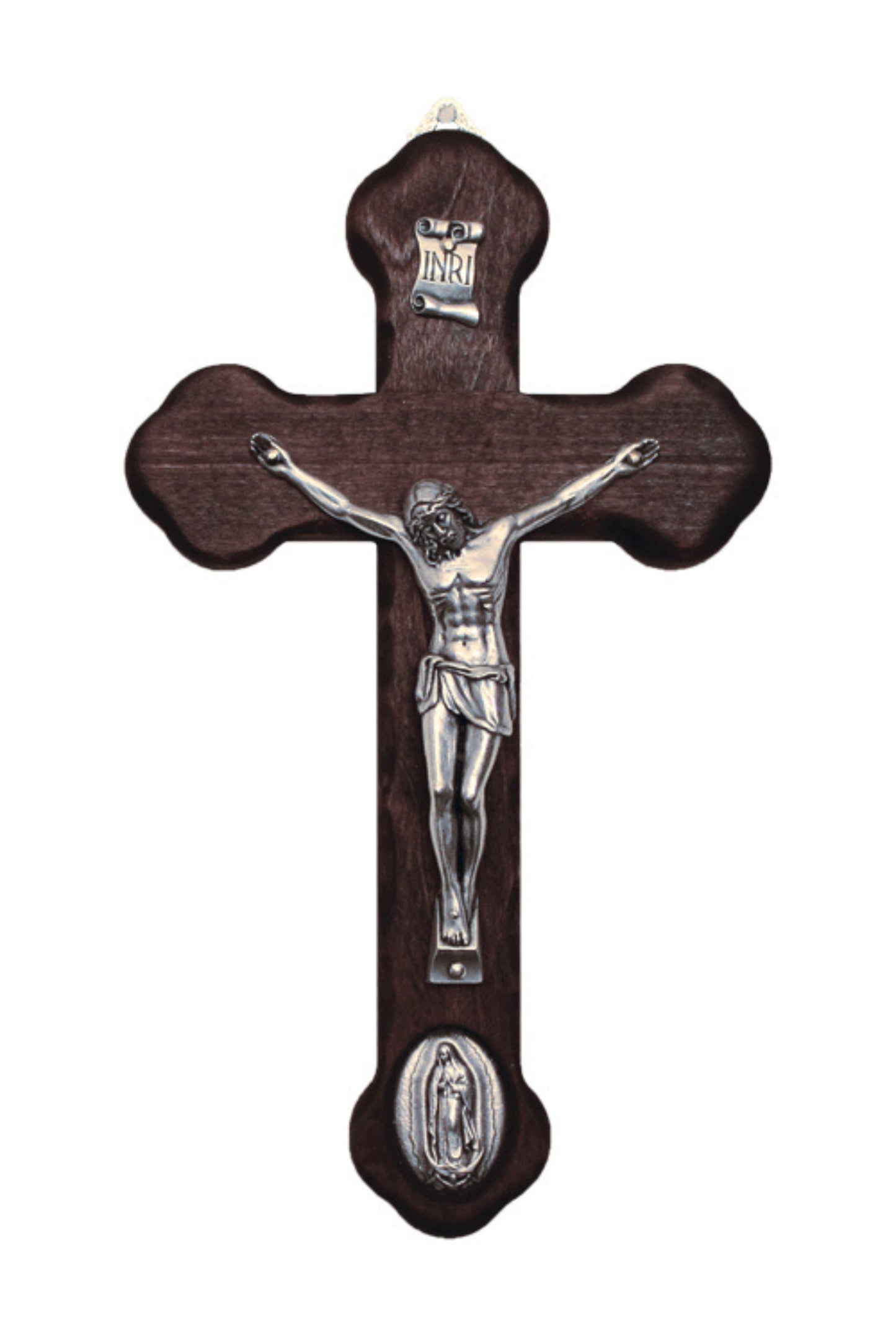 MC-GUAD Wood Crucifix with Metal Corpus & Guadalupe Medallion 8.75"