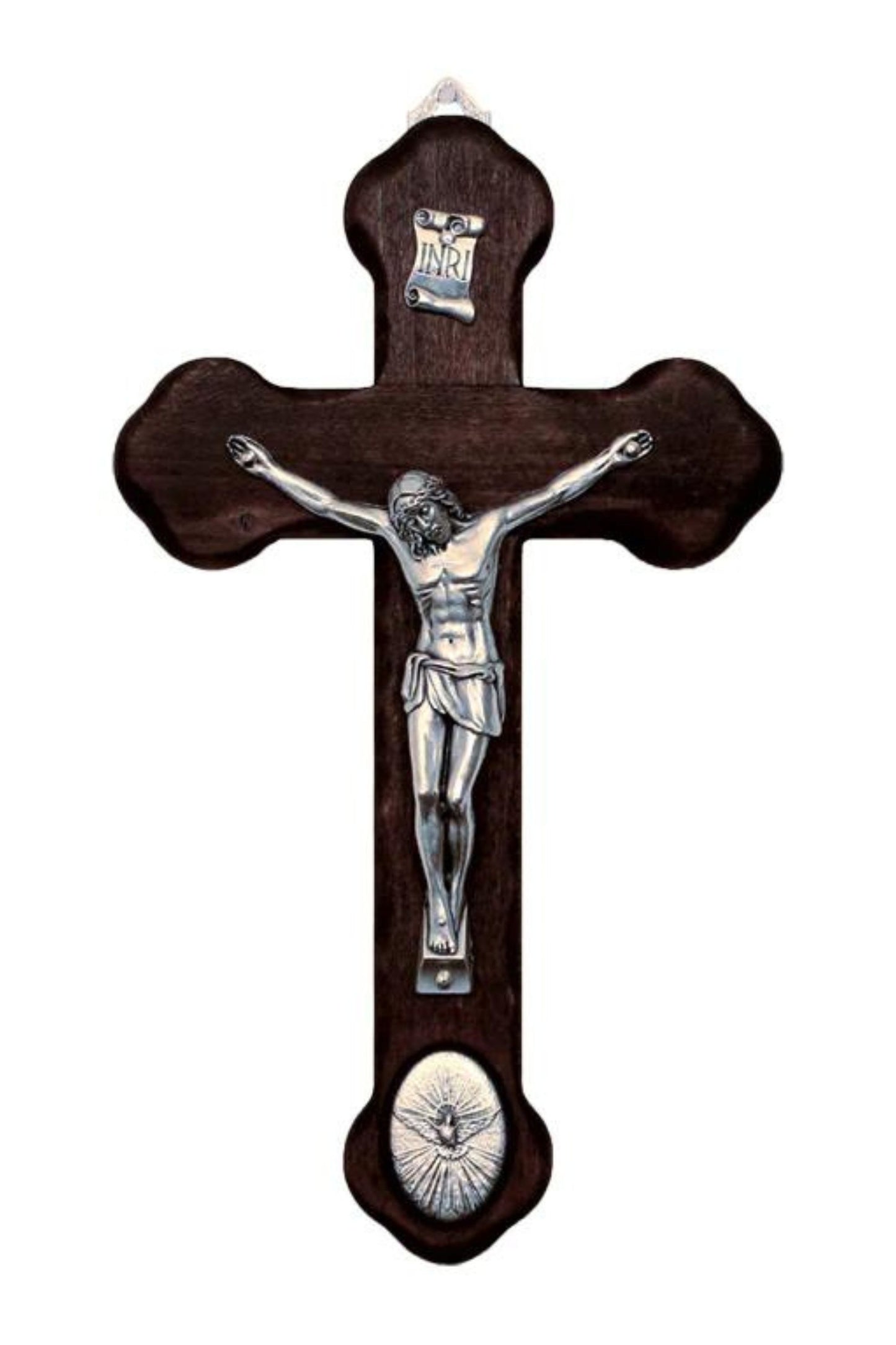 MC-HS Wood Crucifix with Metal Corpus & Holy Spirit Medallion 8.75"
