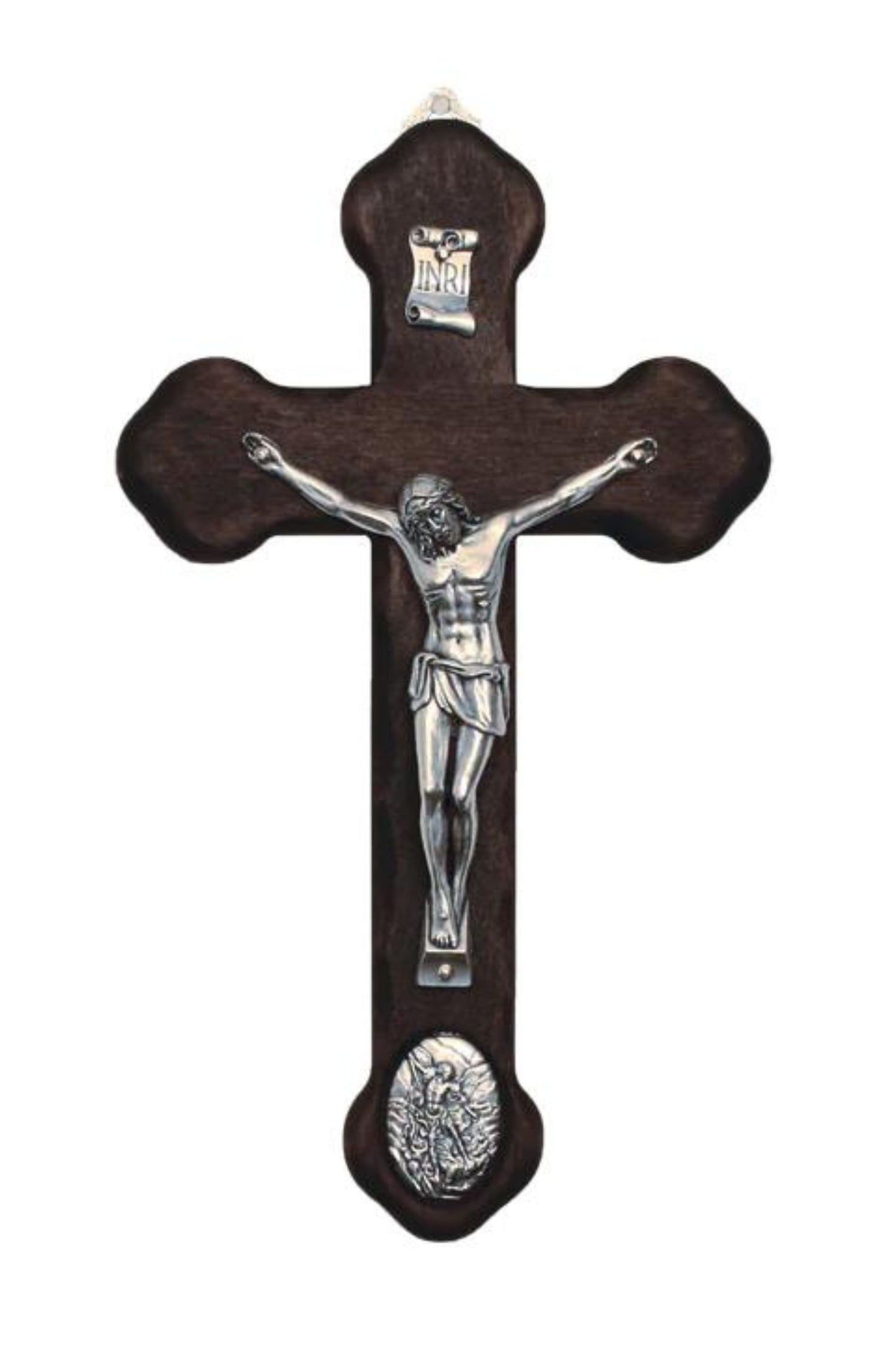 MC-MIKE Wood Crucifix with Metal Corpus & St. Michael Medallion 8.75"