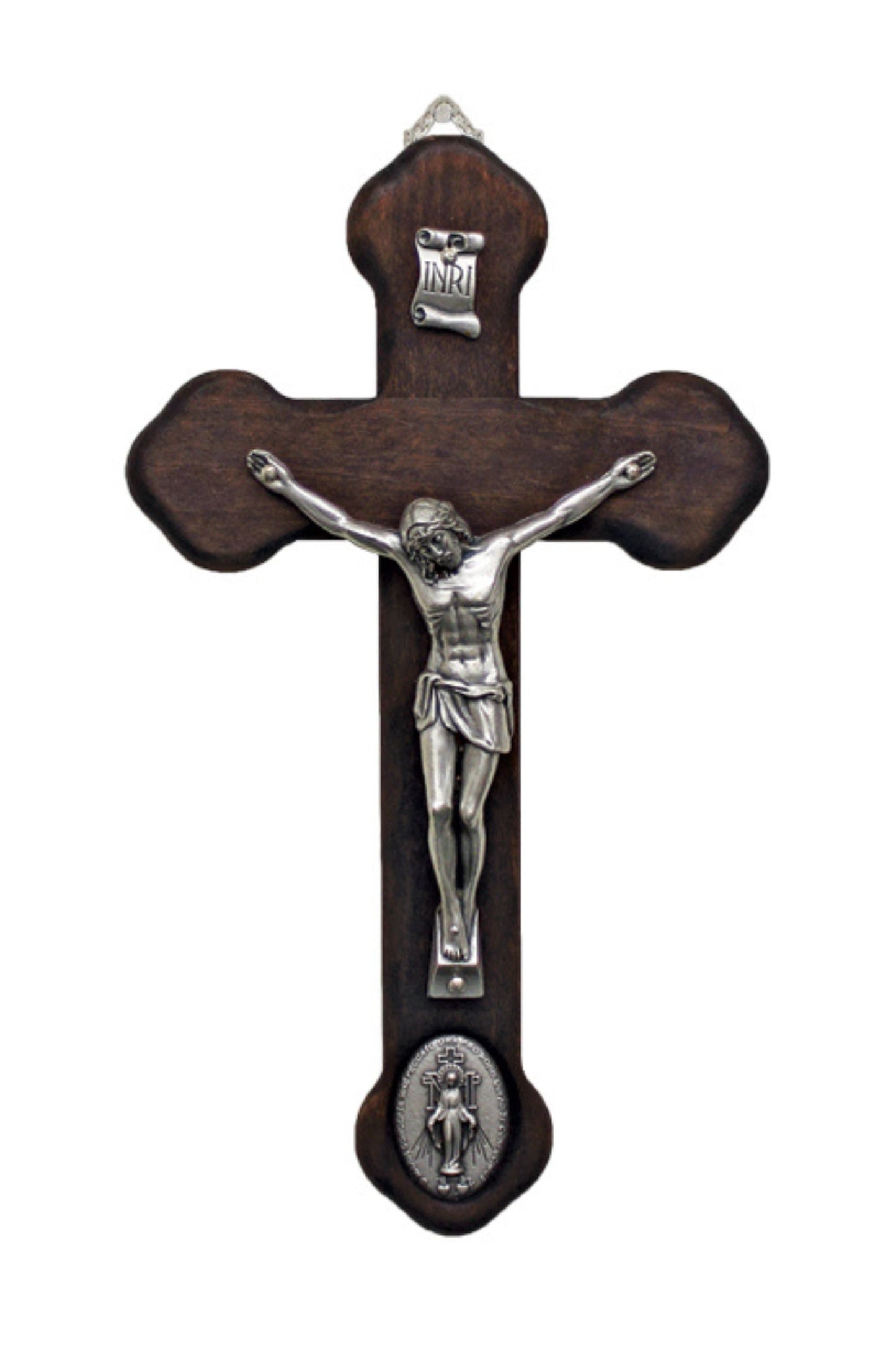 MC-MM Wood Crucifix with Metal Corpus & Miraculous Medal Medallion 8.75