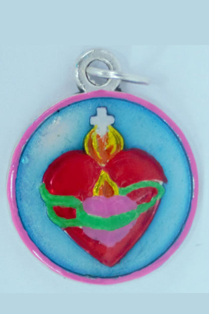 MHP-HEARTS United Hearts of Jesus & Mary Hand-Painted Medal .75"x.75"