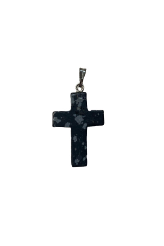 NSC-10 Snowflake Obsidian Natural Stone Cross 1"