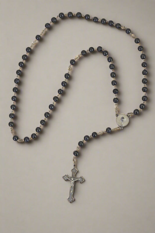 R-6 Communion Hematite Beaded Rosary 16 ¾"