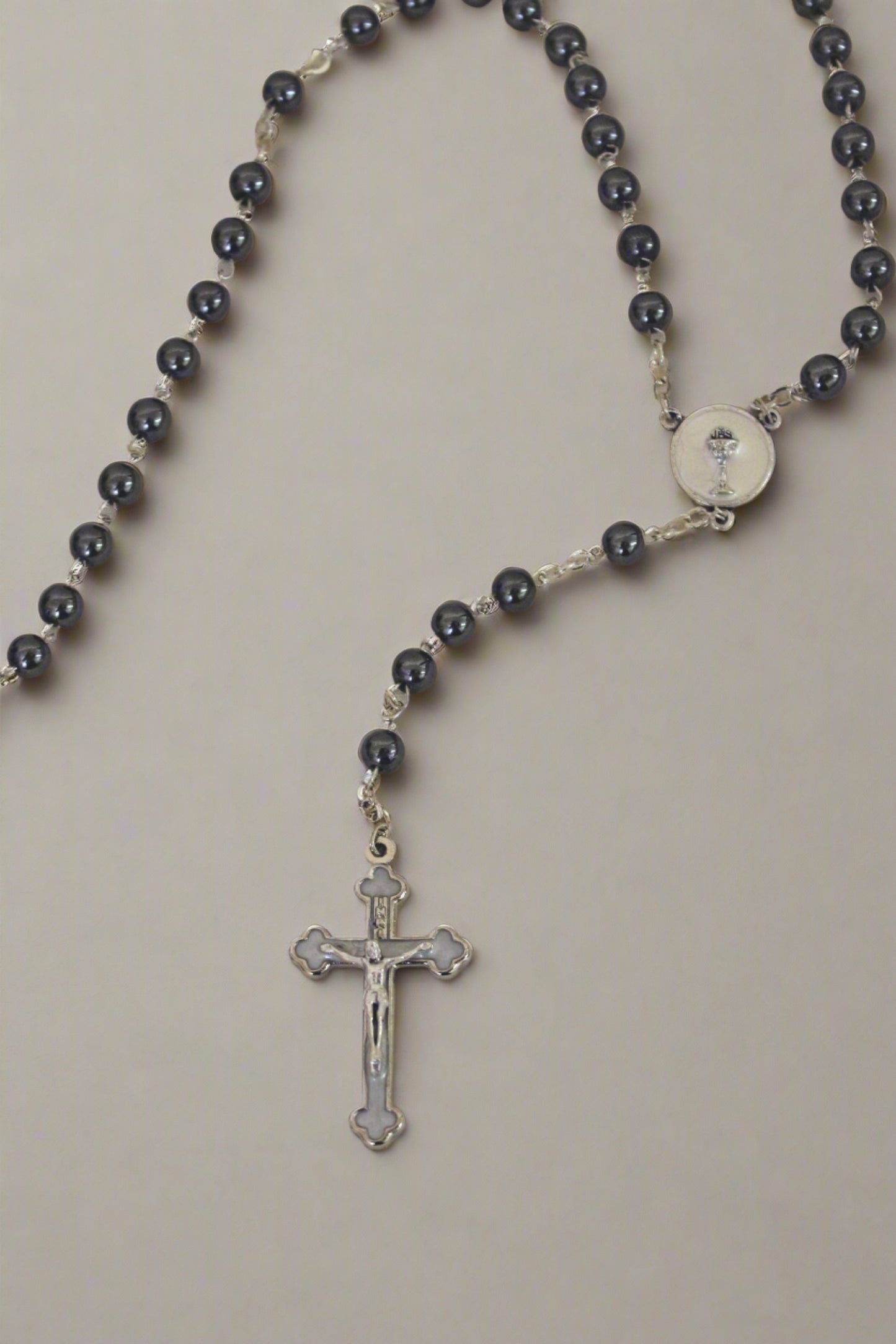 R-6 Communion Hematite Beaded Rosary 16 ¾"