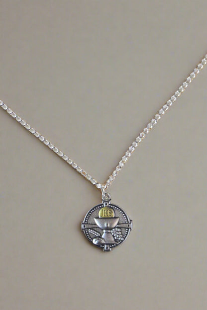 RL-4 Silver Communion Medal Necklace 24"