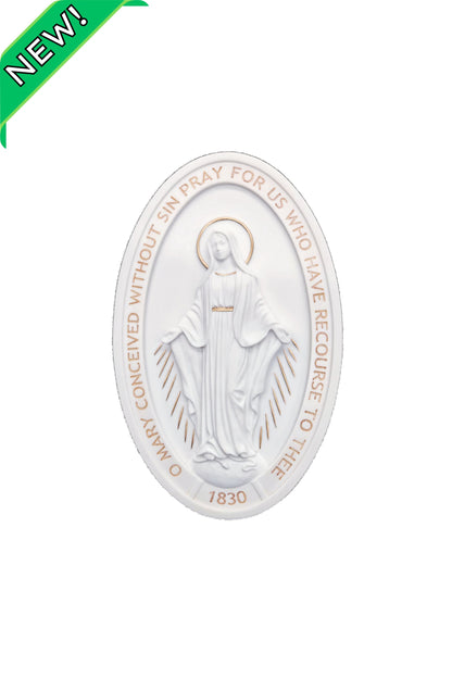 SR-72717-WG Miraculous Medal Plaque in White/Hand Painted Features 5x8"