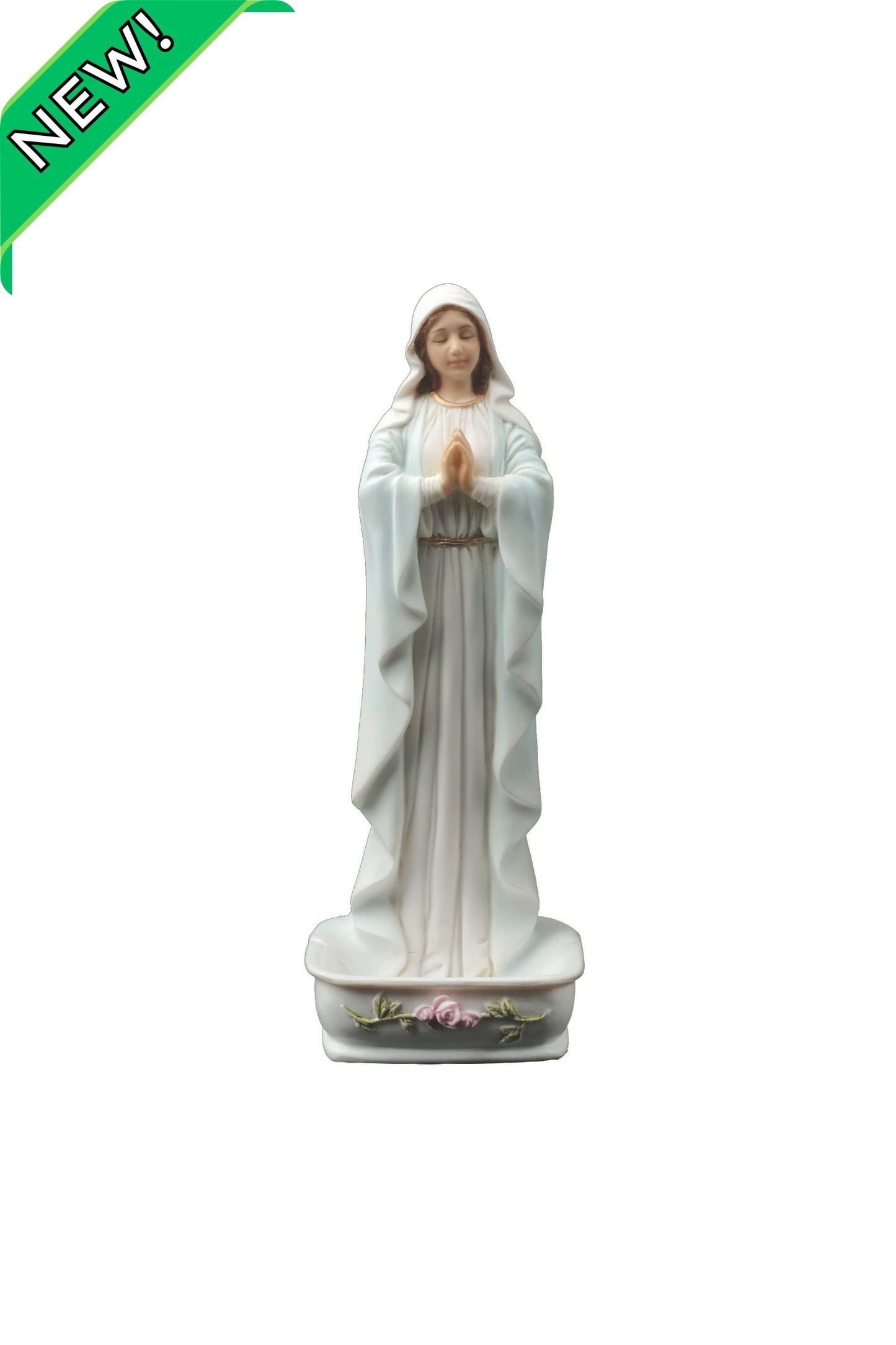 SR-75403-WG Praying Virgin Rosary Holder/Font in White/Hand Painted Features 6"