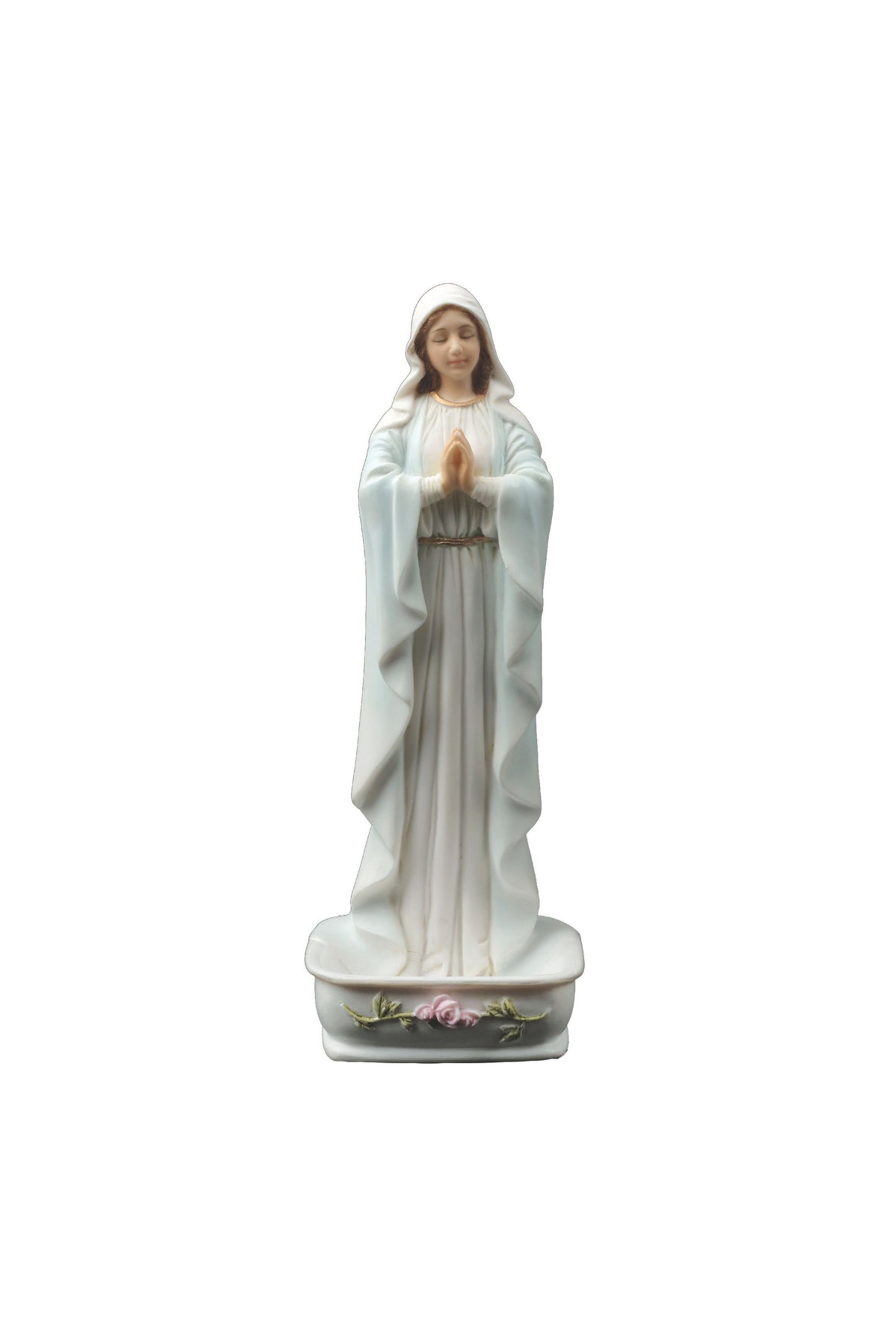 SR-75403-WG Praying Virgin Rosary Holder/Font in White/Hand Painted Features 6"