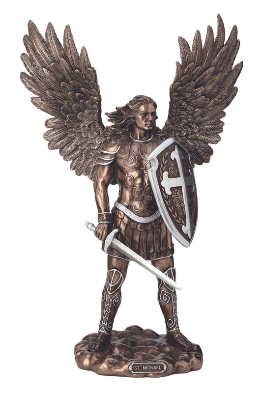SR-77273-BP St. Michael w/o the Devil in Cold Cast Bronze & Pewter Style Finish 13.5"