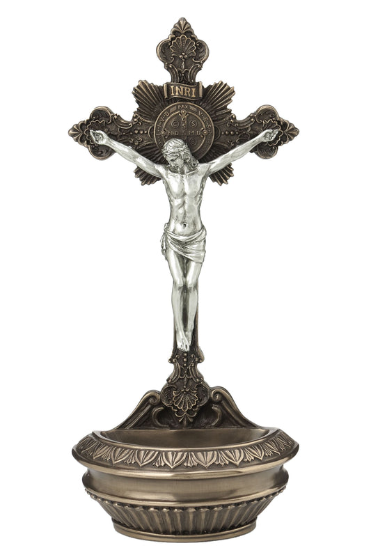 SR-77375-BS St. Benedict Crucifixion Font Cold Cast Bronze/Pewter Style 9.5"