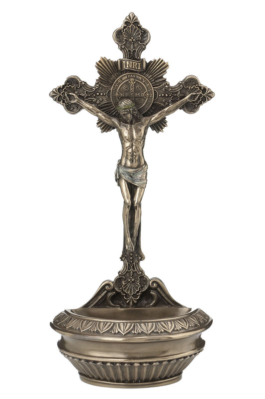 SR-77375 St. Benedict Crucifixion Font in Cold Cast Bronze 9.5"
