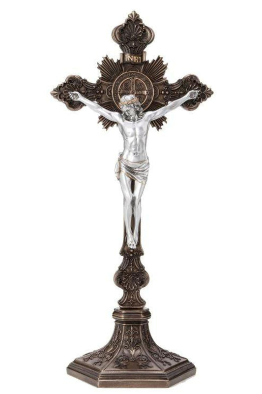 SR-77591-BS Standing St. Benedict Crucifix Cold Cast Bronze/Pewter Style 17"