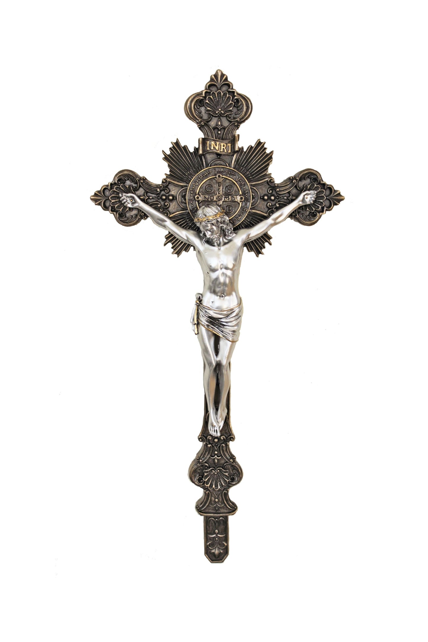 SR-77286-BS Standing/Hanging St. Benedict Crucifix Cold Cast Bronze/Pewter Style 24"/22"