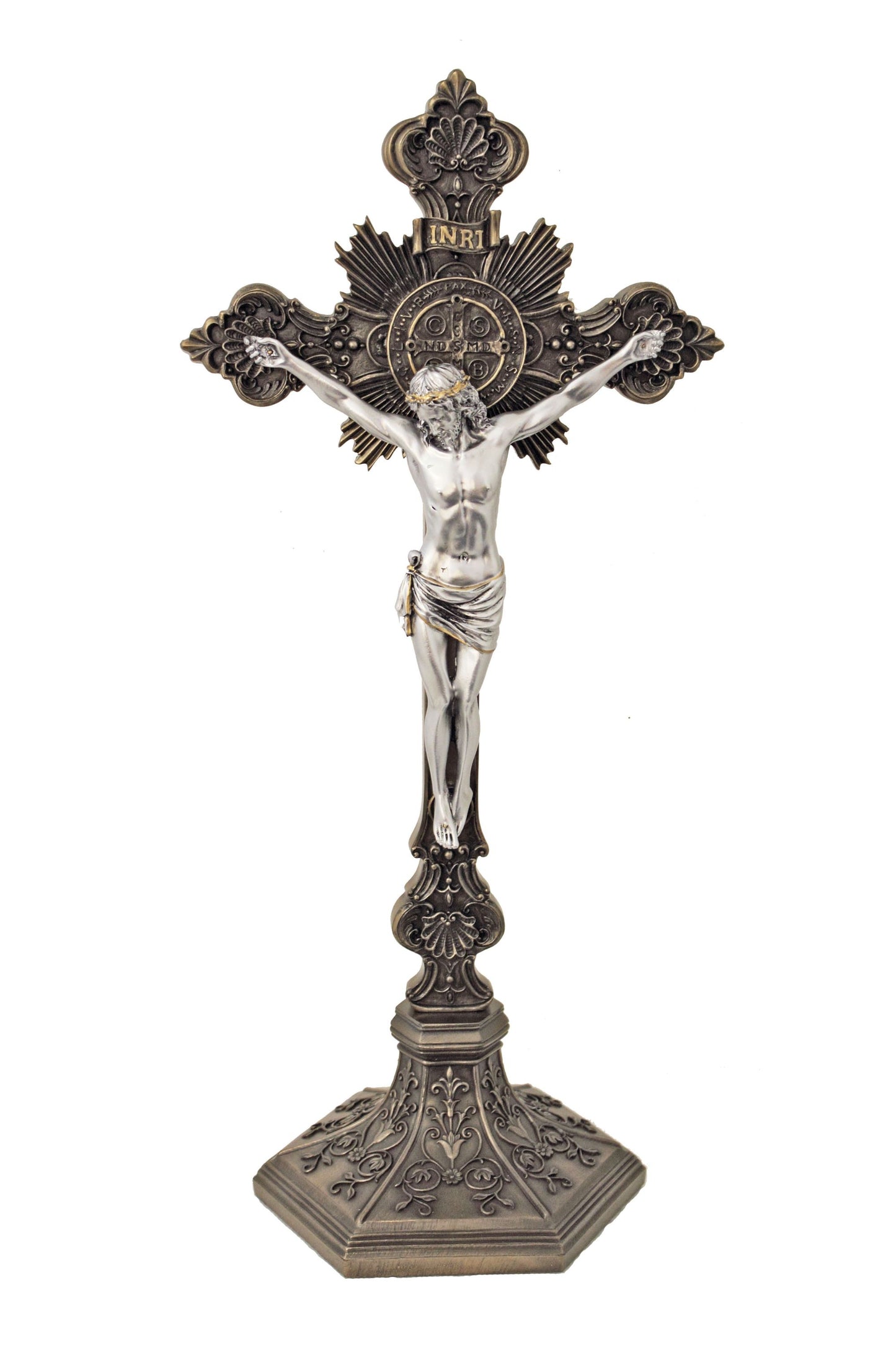 SR-77286-BS Standing/Hanging St. Benedict Crucifix Cold Cast Bronze/Pewter Style 24"/22"