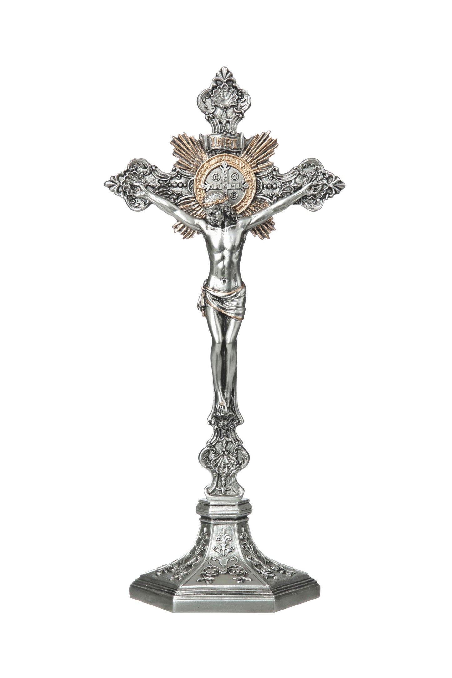 SR-77591-PE Standing St. Benedict Crucifix Pewter Style 17"/15.5"