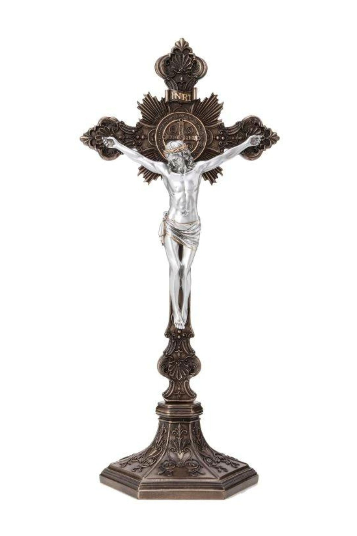 SR-77600-BS Standing St. Benedict Crucifix Cold Cast Bronze/Pewter Style  9.5"