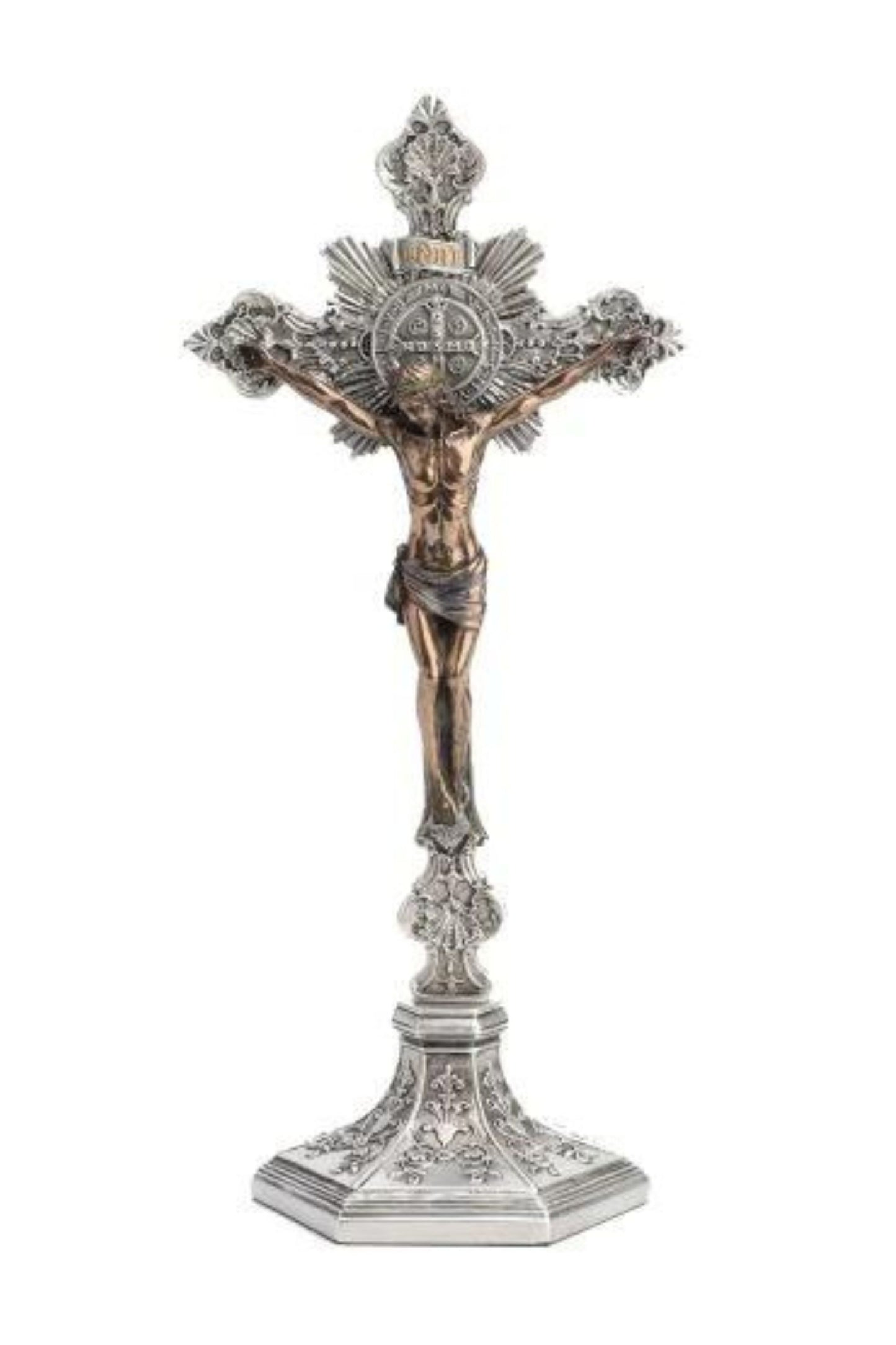 SR-77600-PB Standing St. Benedict Crucifix Pewter Style/Cold Cast Bronze 9.5"