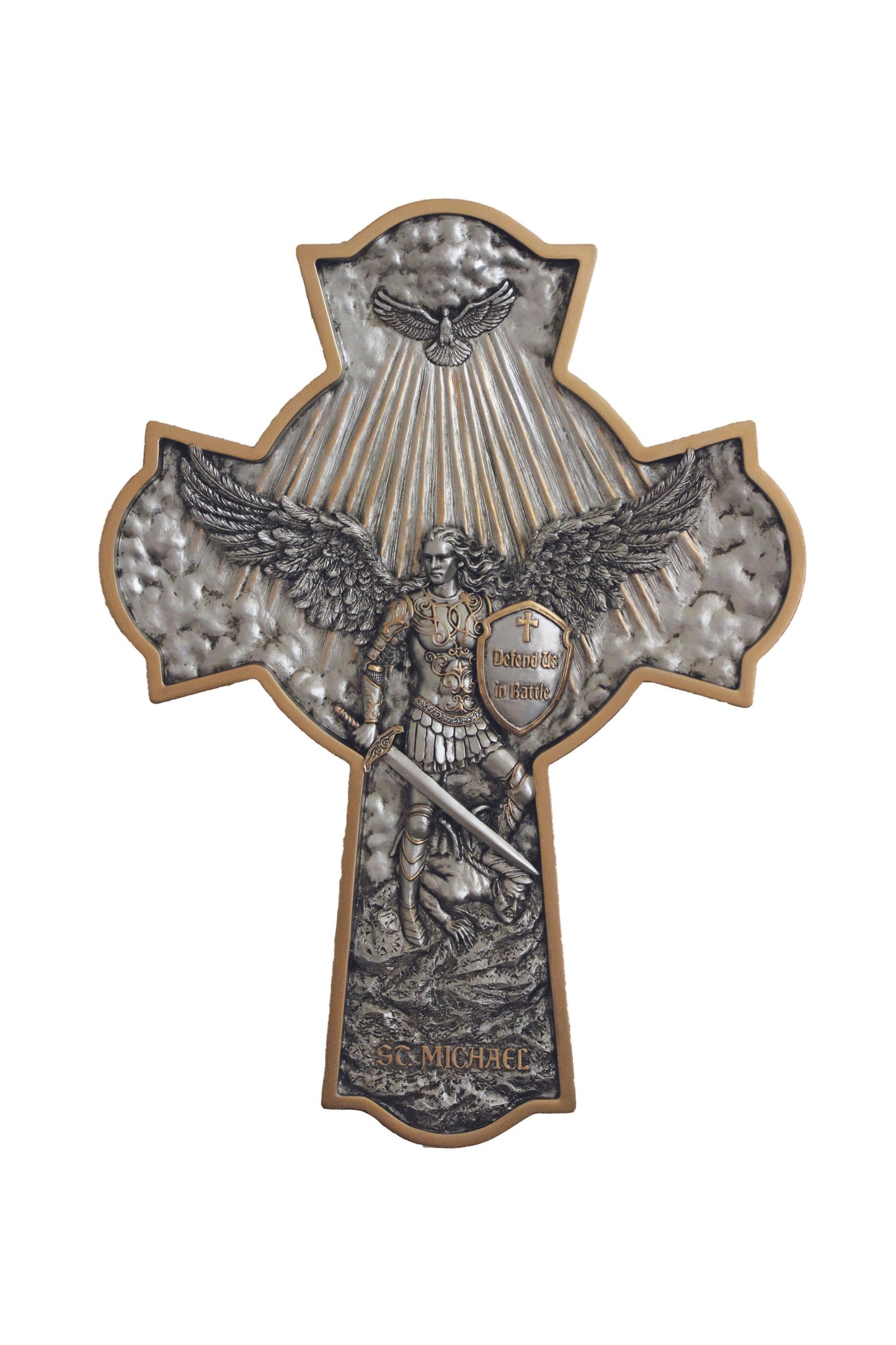 SR-78308-PE St. Michael Crucifixion Plaque Pewter Style Finish 16"