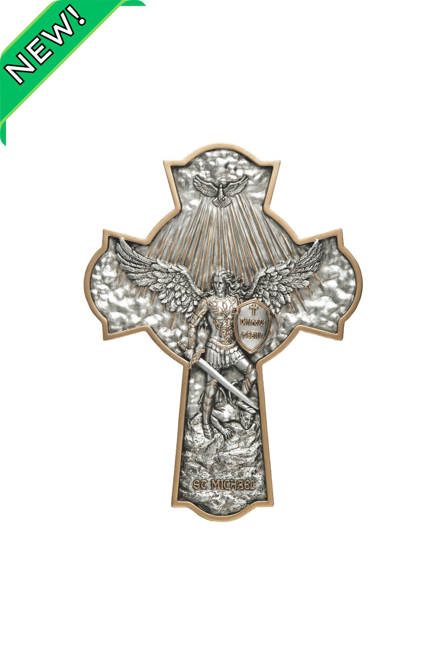 SR-78568-PE St. Michael Crucifixion Plaque in Pewter Style 10"
