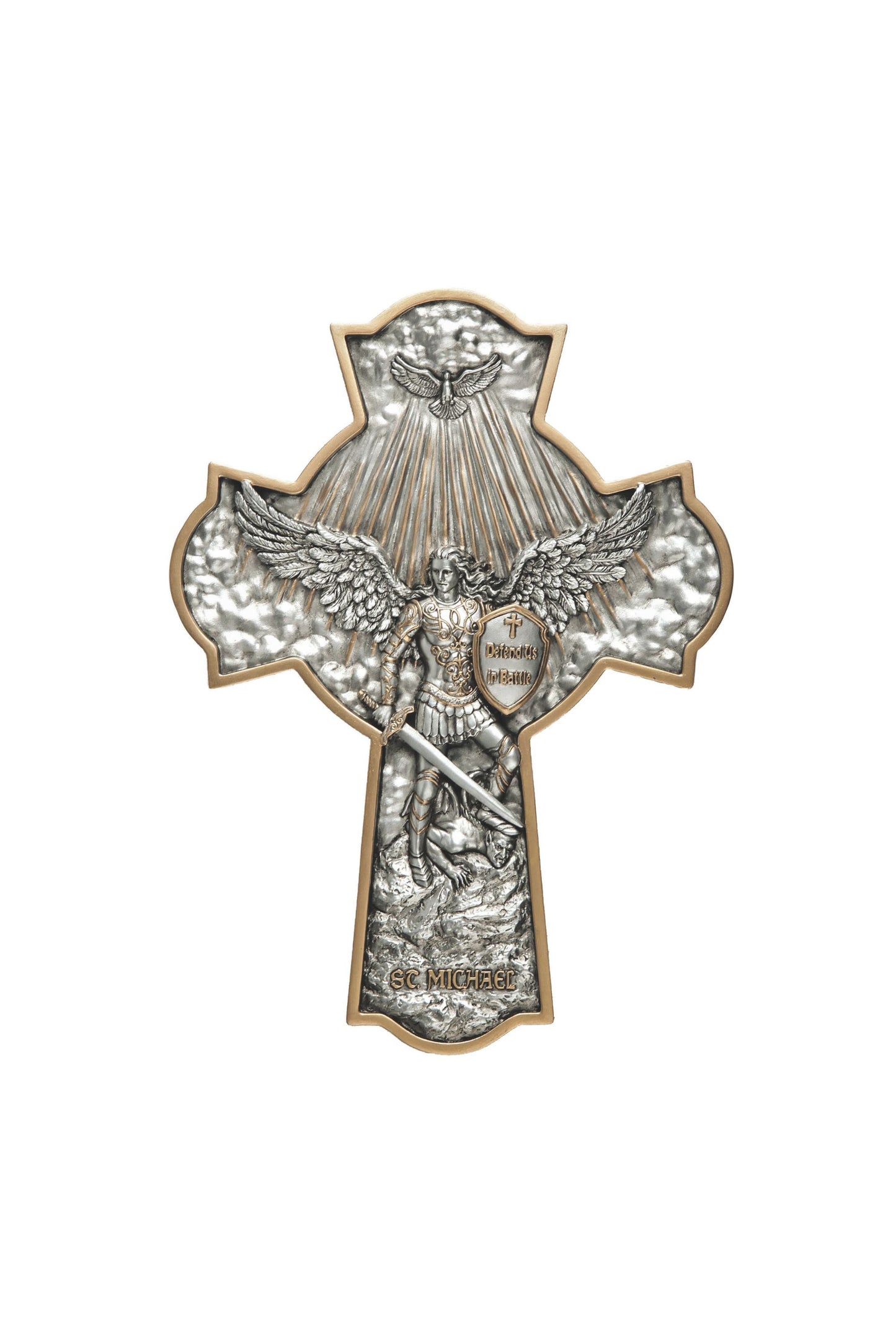 SR-78568-PE St. Michael Crucifixion Plaque in Pewter Style 10"